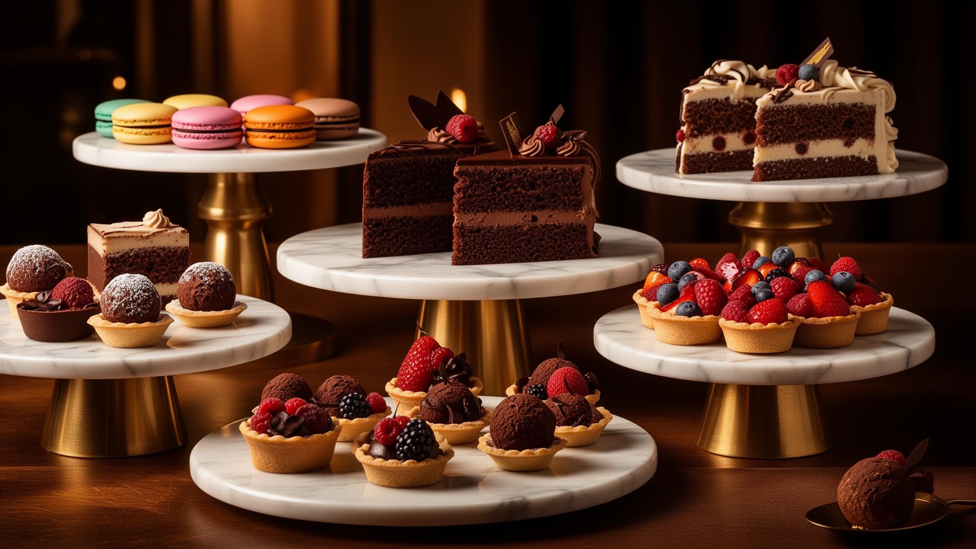 Tiered display of gourmet desserts at Sweet & Such