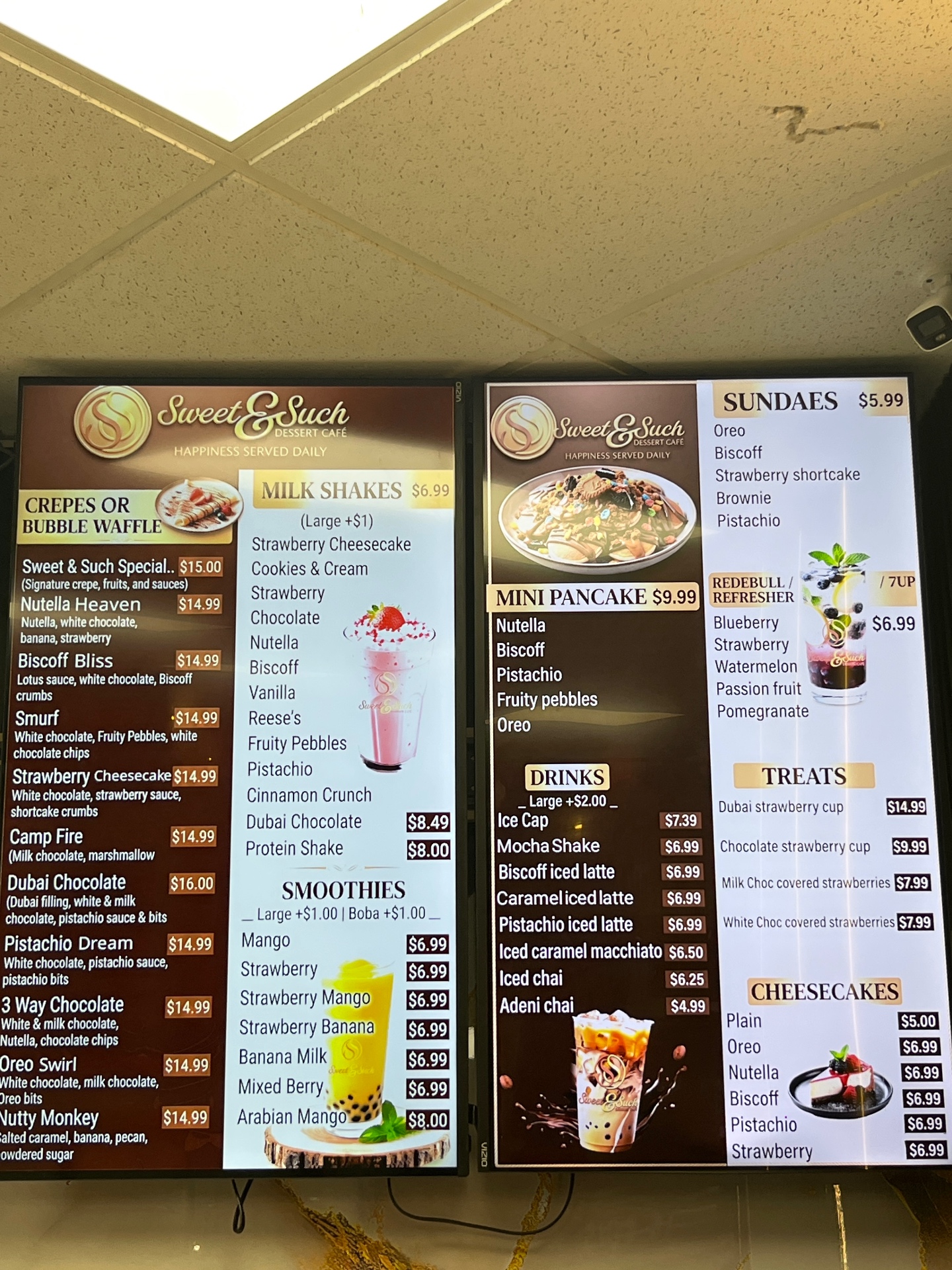 Sweet & Such Dessert Café full menu board with crepes, milkshakes, smoothies, drinks, sundaes and treats